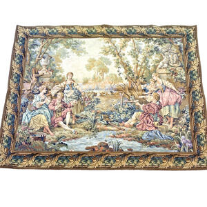 Vintage Pictorial Tapestry Wall Hanging European Art Style Fishing Group 4’ X 5’